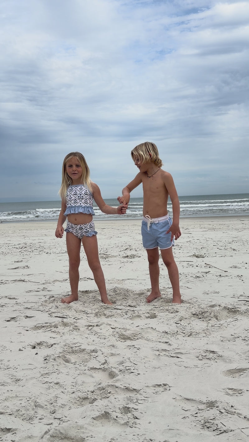 Video of Indie Blue Boys Surf Shorts in Bluebell with Matching Bluebell Set for Girls