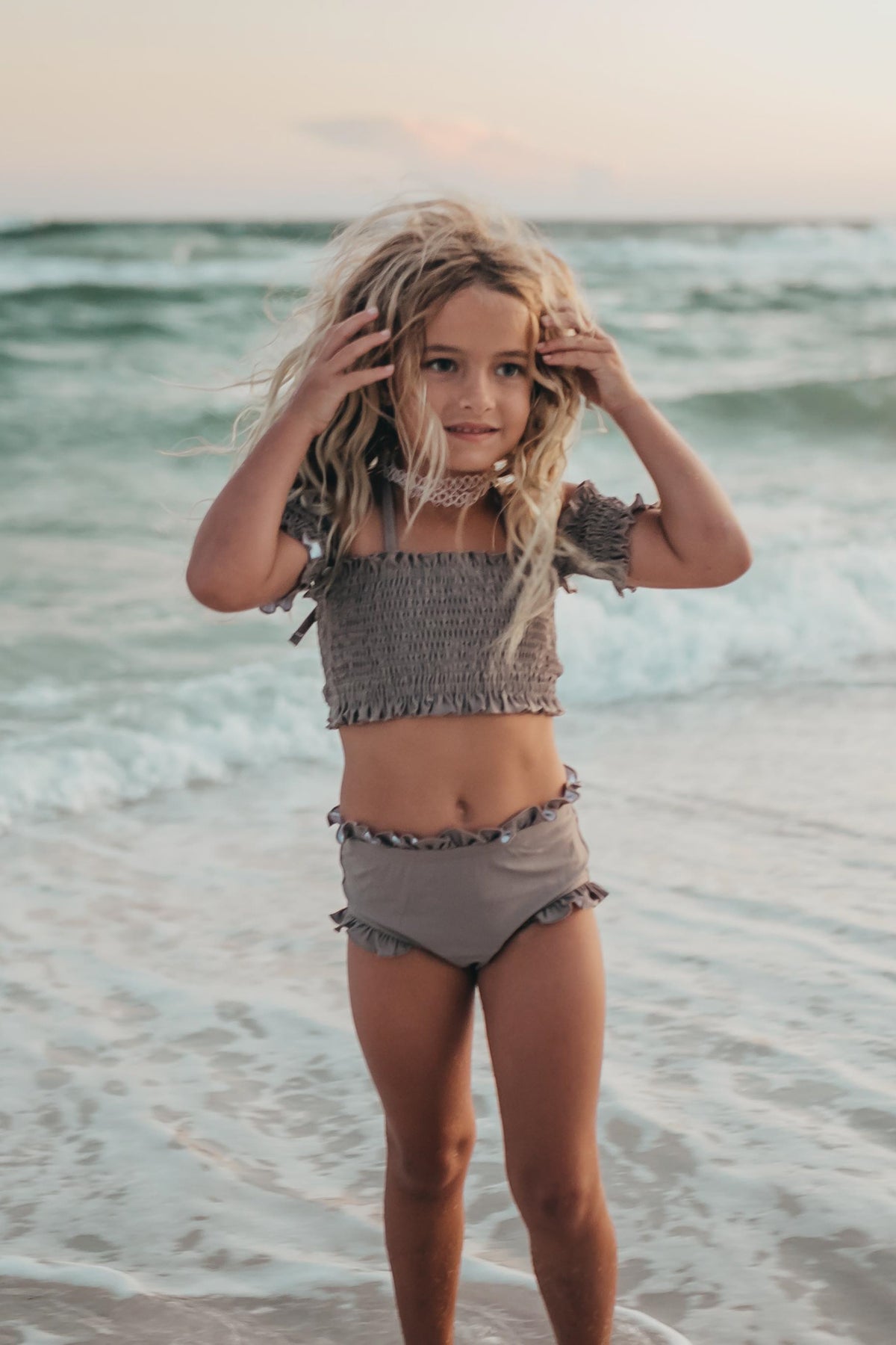 LB Girl's Swim Smocked Sleeve Set (ash)