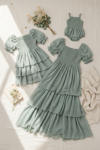 SS Girl's Dress Willa Layer Dress (sage swiss dot)